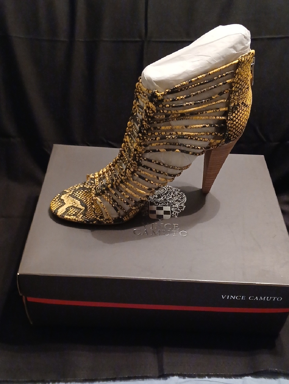 Vince Camuto Yellow and Black Snake-Print Strappy High Heel Bootie